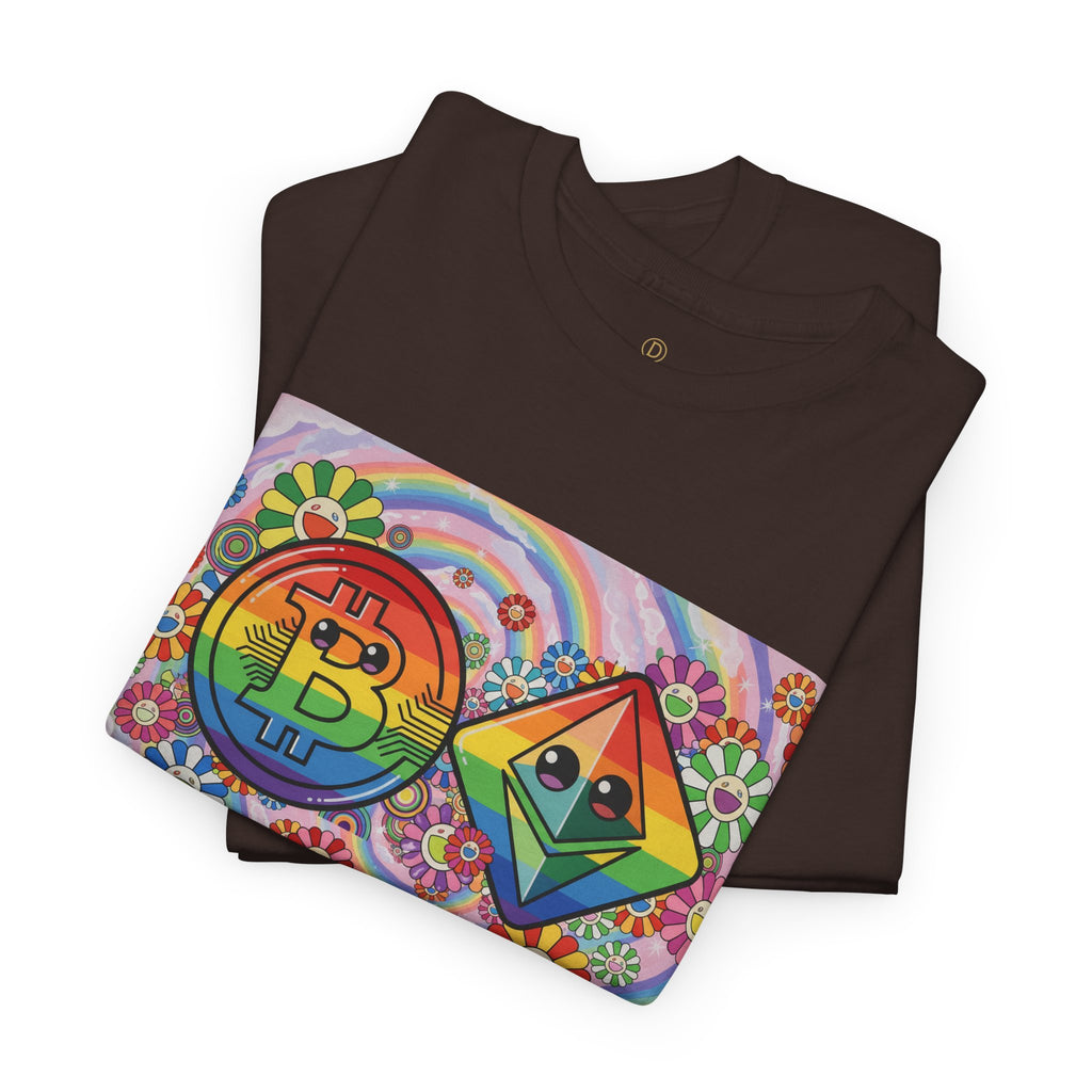 Crypto Rainbow T-Shirt — Bitcoin & Ethereum Hippie Art Tee