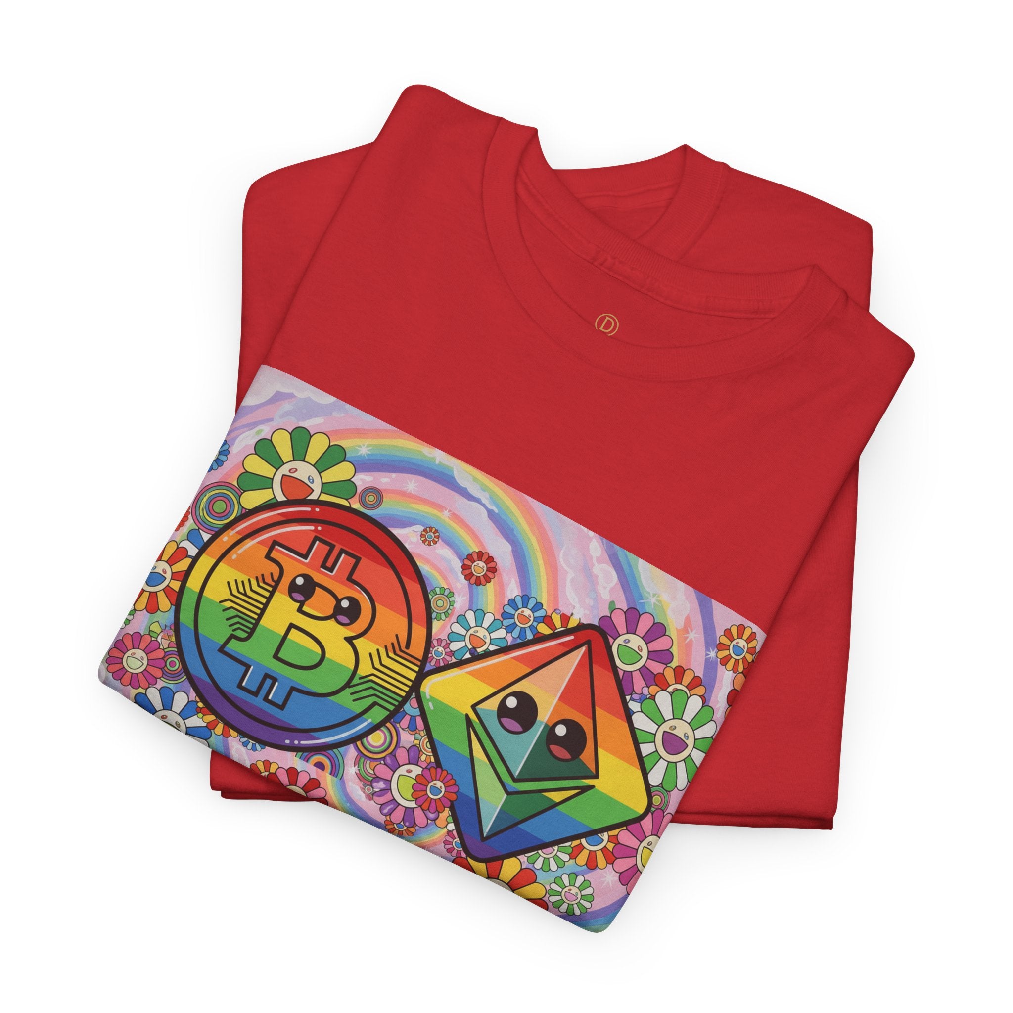 Crypto Rainbow T-Shirt — Bitcoin & Ethereum Hippie Art Tee