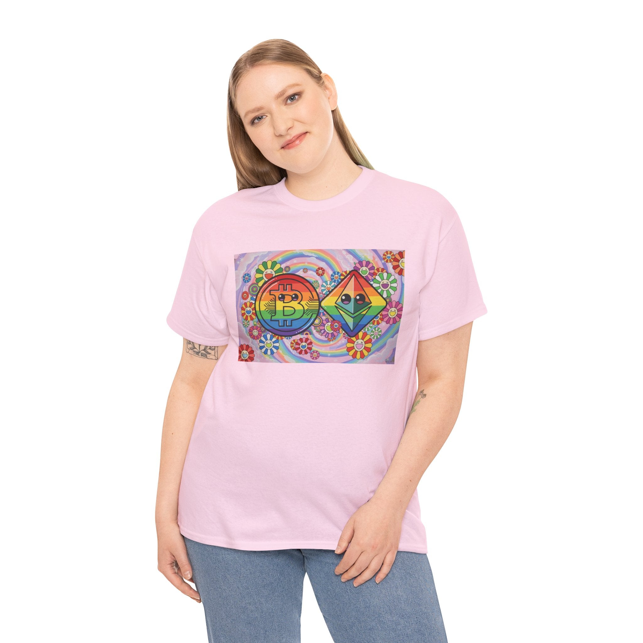 Crypto Rainbow T-Shirt — Bitcoin & Ethereum Hippie Art Tee