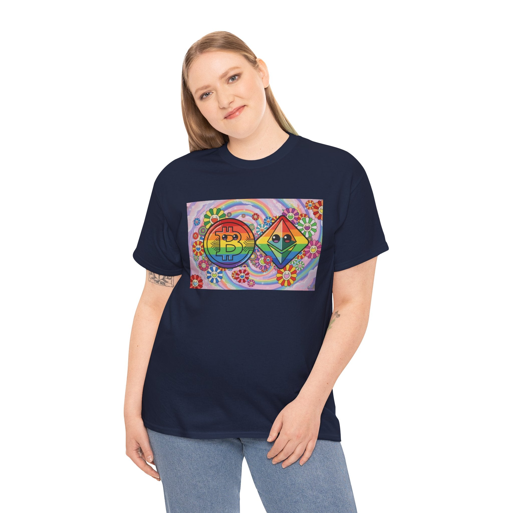 Crypto Rainbow T-Shirt — Bitcoin & Ethereum Hippie Art Tee