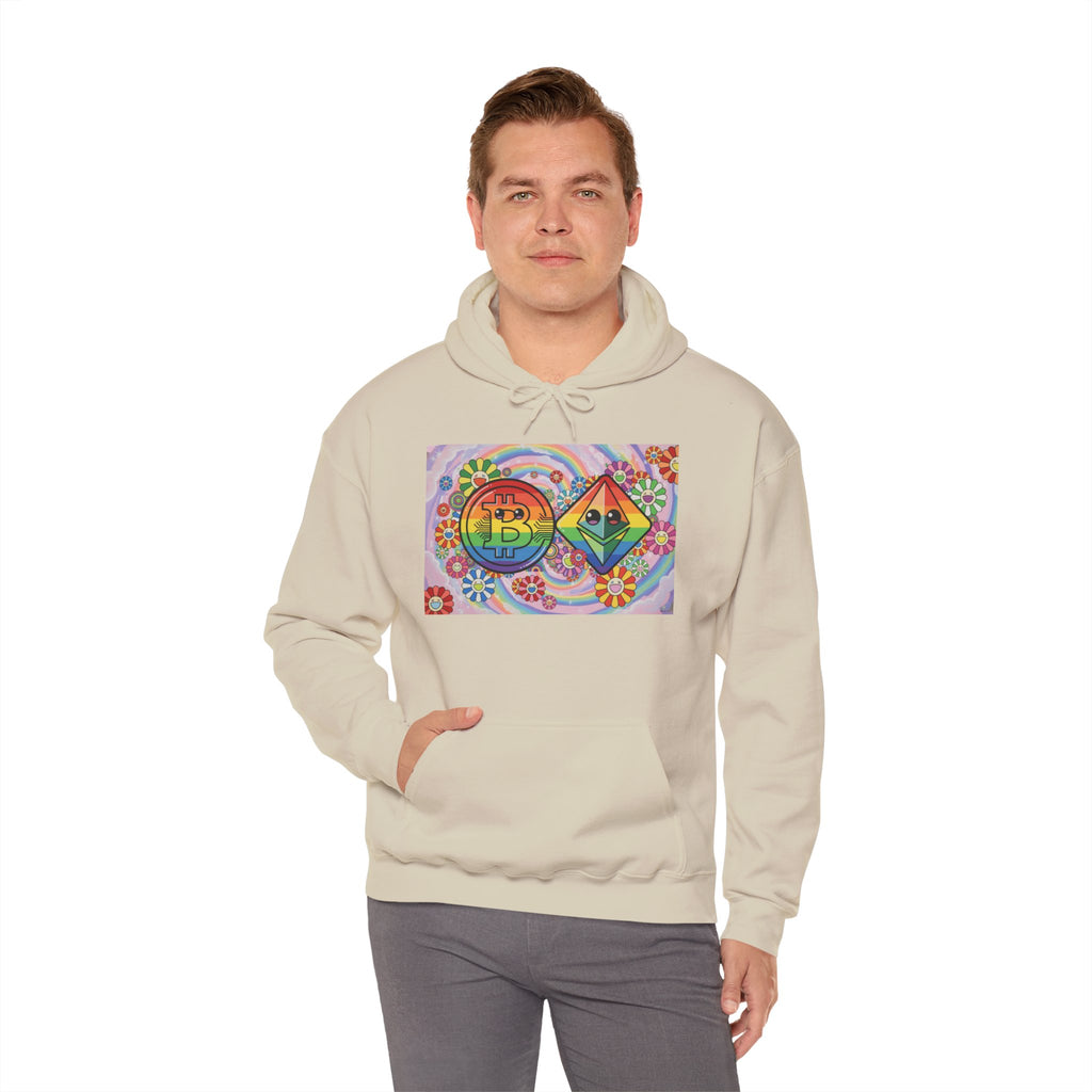 Crypto Flower Power Hoodie — Bitcoin & Ethereum Psychedelic Design