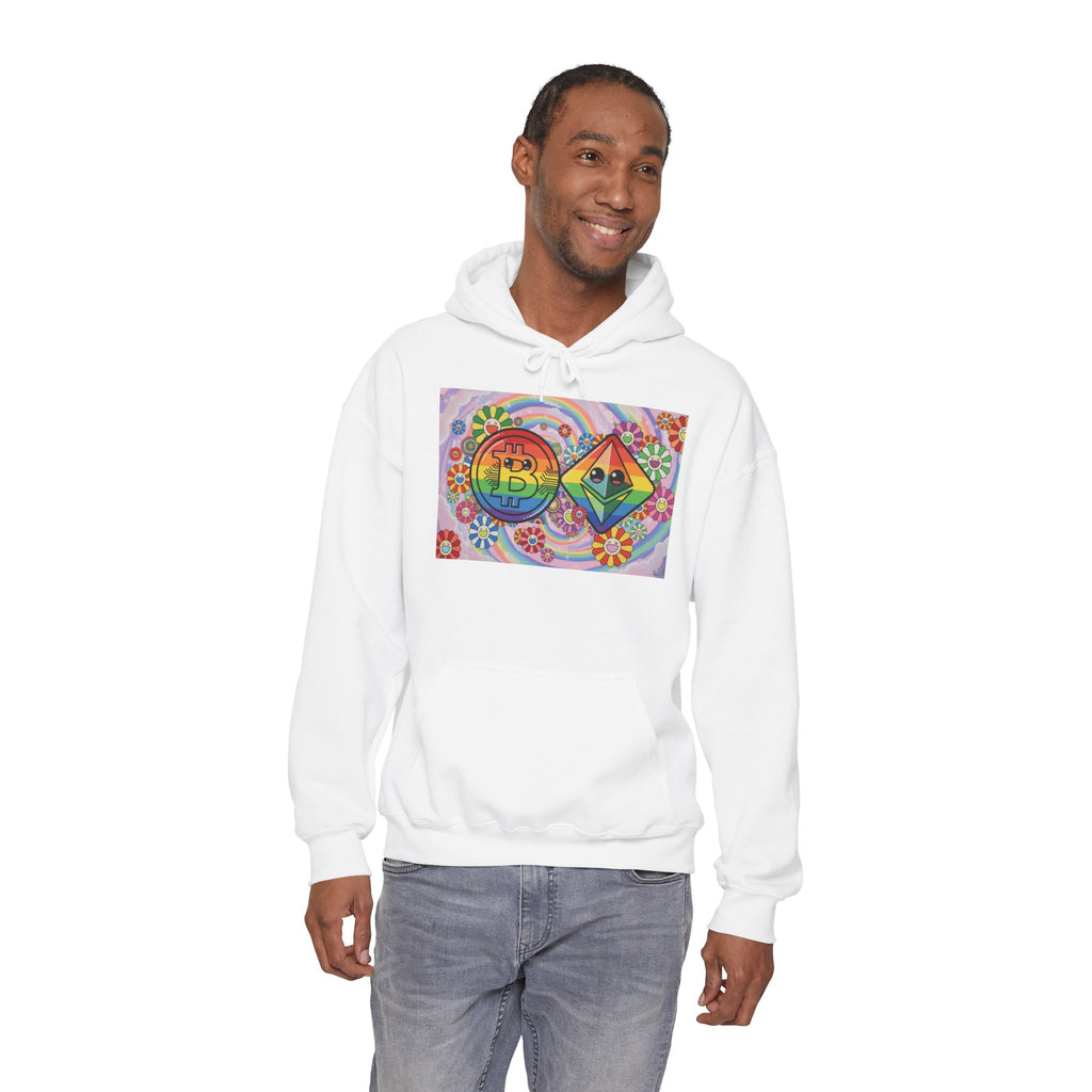Crypto Flower Power Hoodie — Bitcoin & Ethereum Psychedelic Design