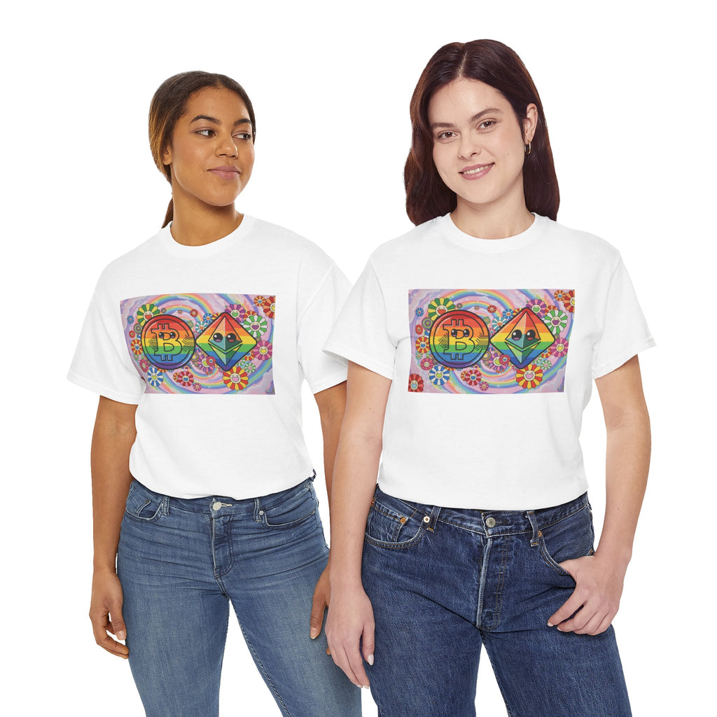 Crypto Rainbow T-Shirt — Bitcoin & Ethereum Hippie Art Tee