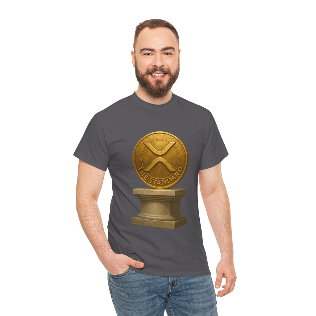 XRP Ledger Trophy T‑Shirt – Gold Ripple Coin on Pedestal Crypto Tee