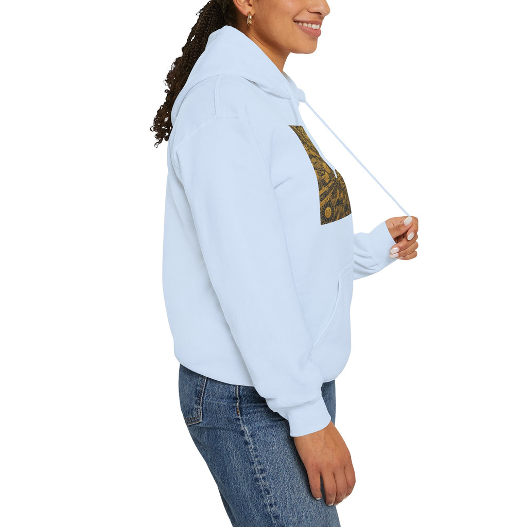 Solar Mandala Hoodie — Golden Sunburst Graphic Pullover