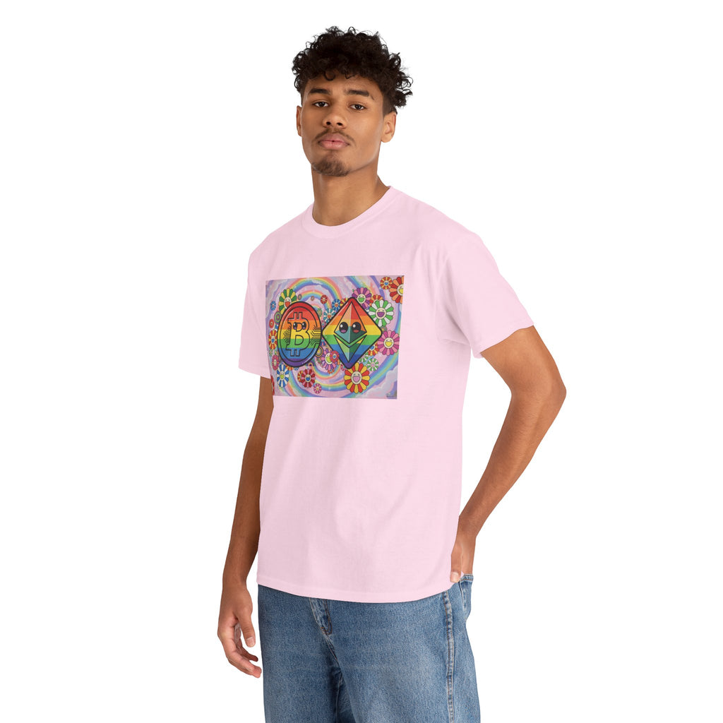 Crypto Rainbow T-Shirt — Bitcoin & Ethereum Hippie Art Tee