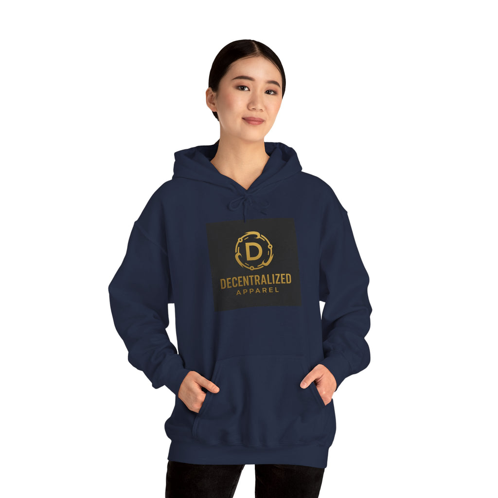 Decentralized Apparel Logo Hoodie – Gold Emblem Streetwear Sweatshirt