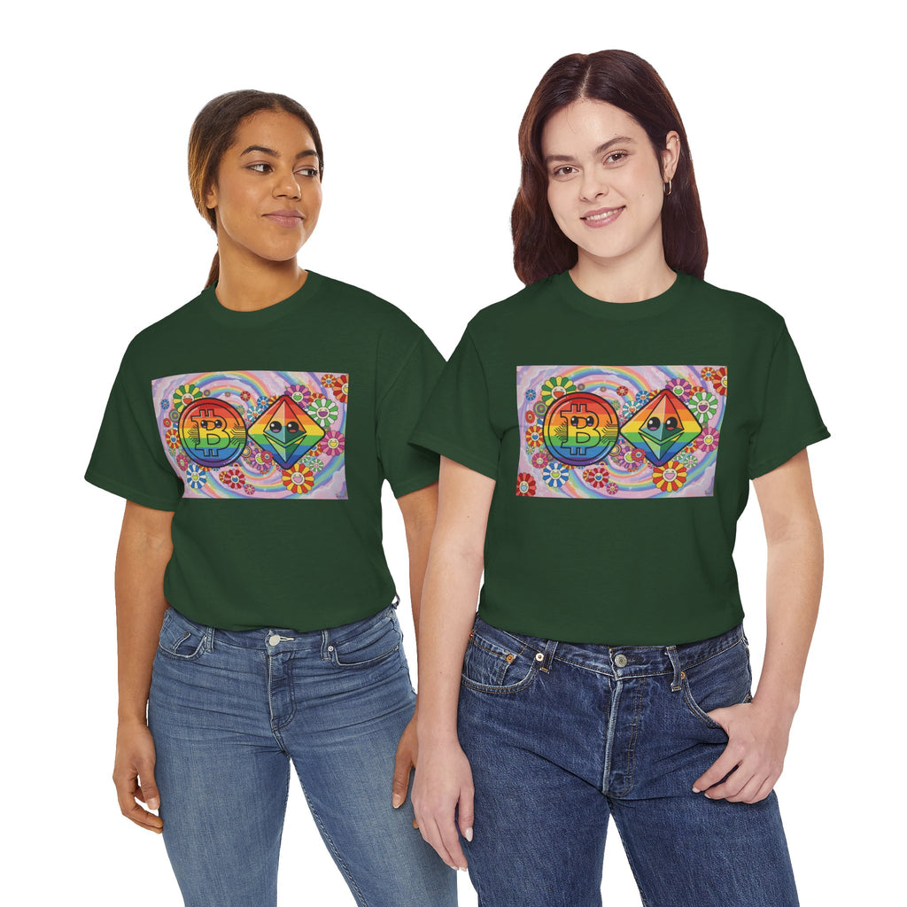 Crypto Rainbow T-Shirt — Bitcoin & Ethereum Hippie Art Tee