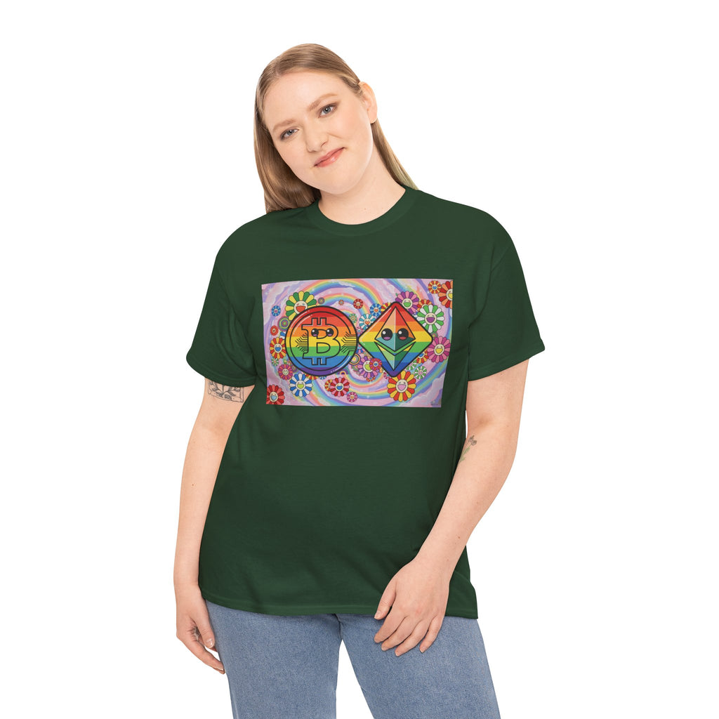 Crypto Rainbow T-Shirt — Bitcoin & Ethereum Hippie Art Tee