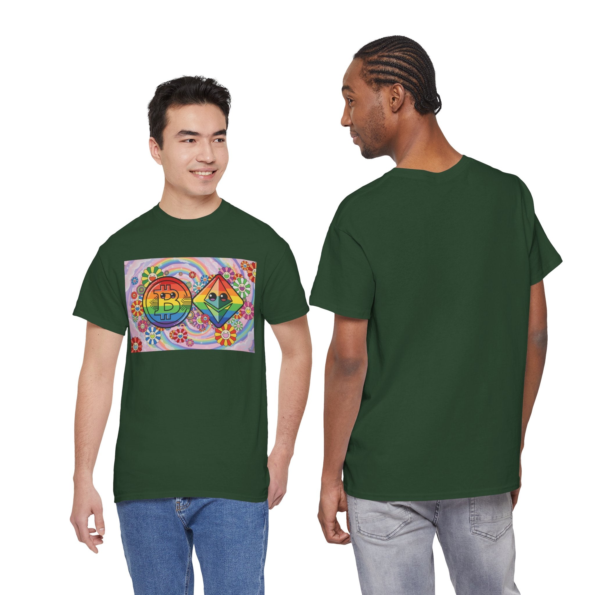 Crypto Rainbow T-Shirt — Bitcoin & Ethereum Hippie Art Tee