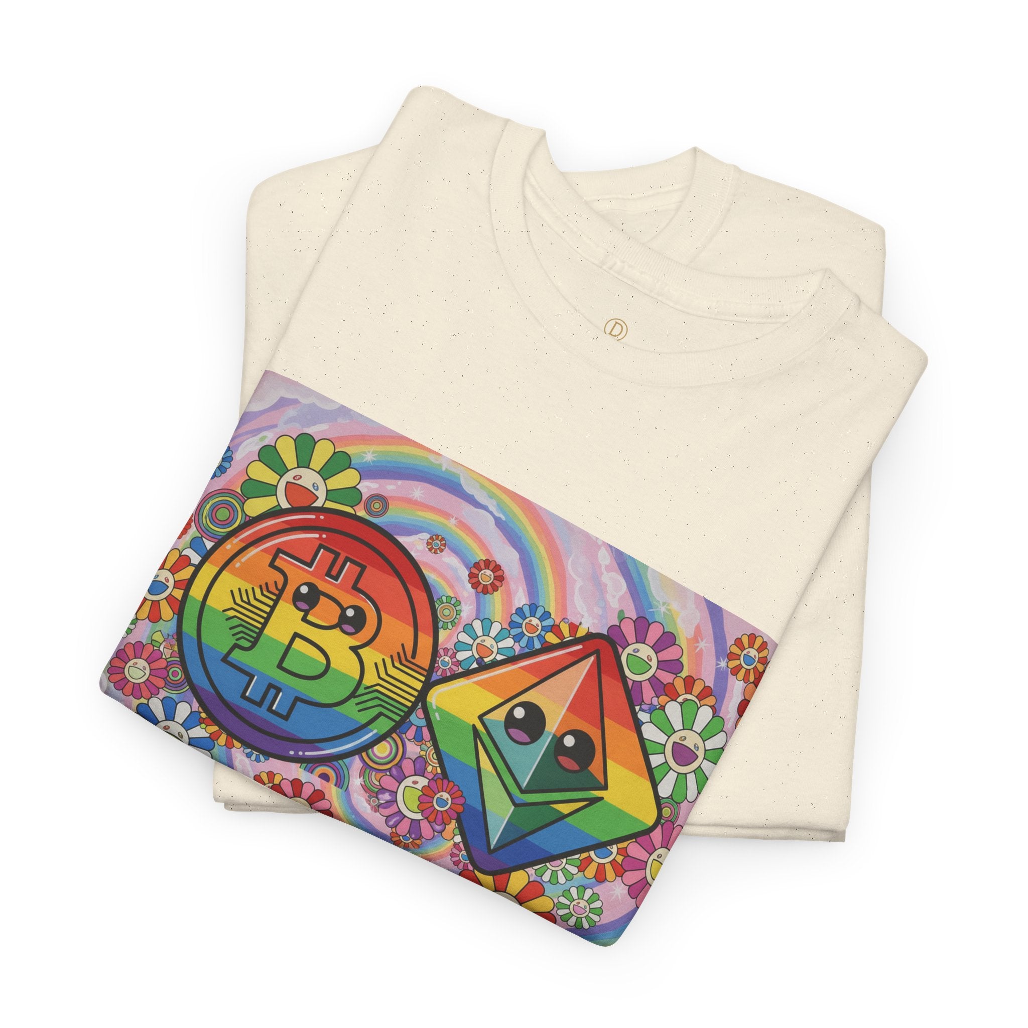 Crypto Rainbow T-Shirt — Bitcoin & Ethereum Hippie Art Tee