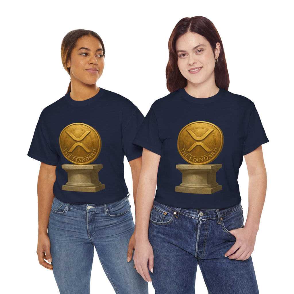 XRP Ledger Trophy T‑Shirt – Gold Ripple Coin on Pedestal Crypto Tee