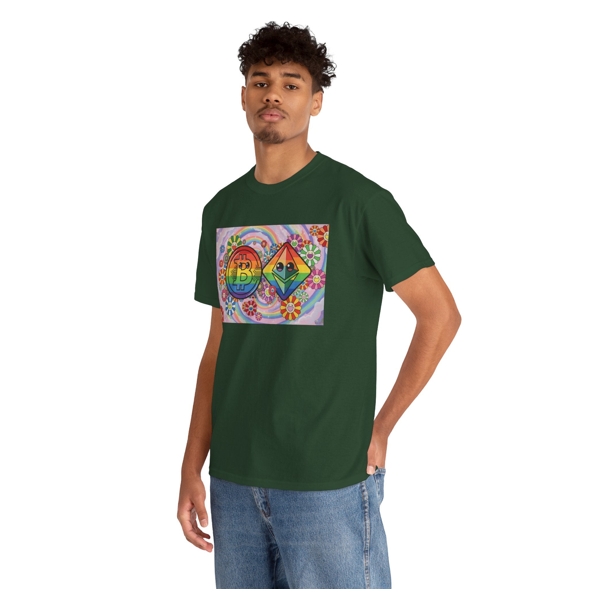 Crypto Rainbow T-Shirt — Bitcoin & Ethereum Hippie Art Tee