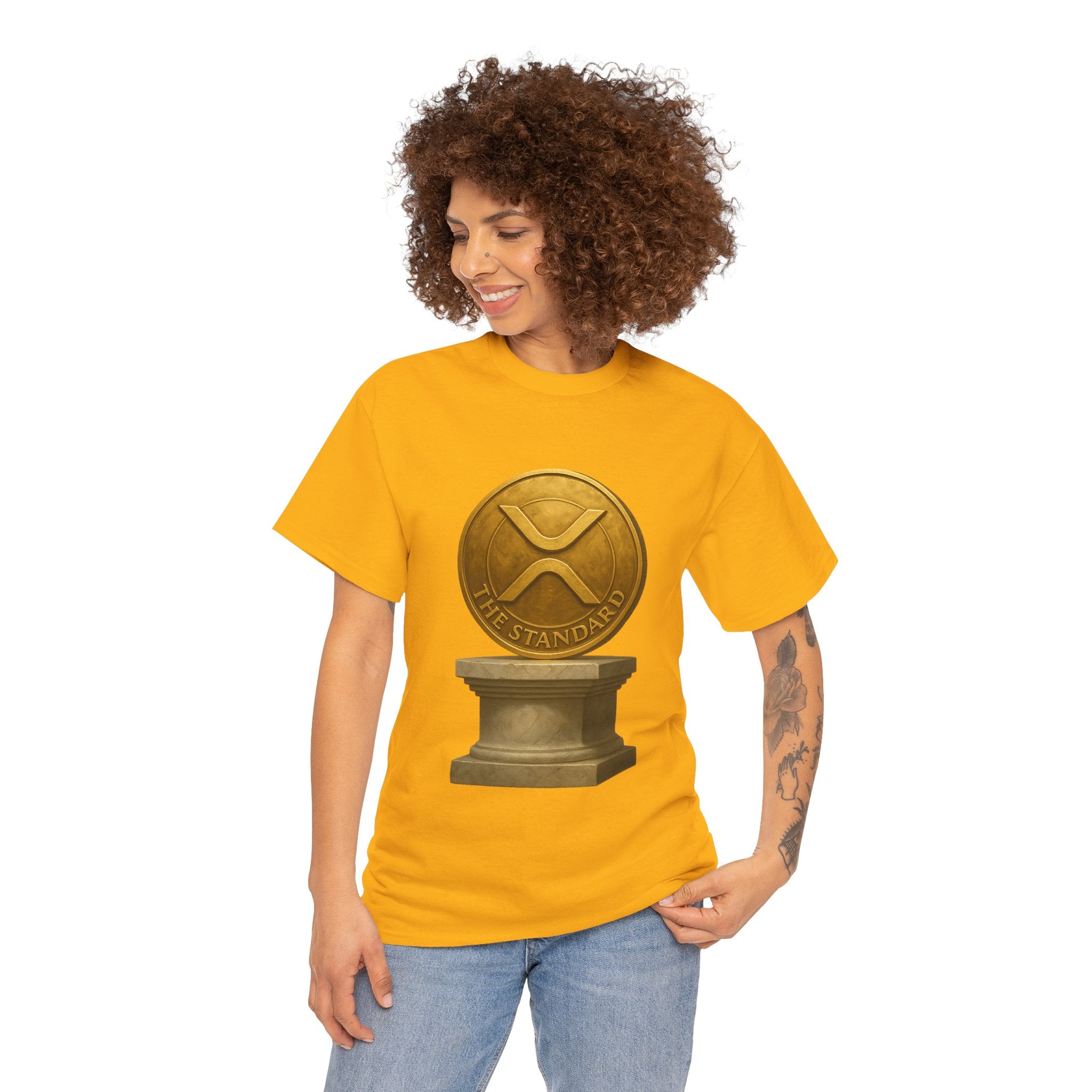 XRP Ledger Trophy T‑Shirt – Gold Ripple Coin on Pedestal Crypto Tee