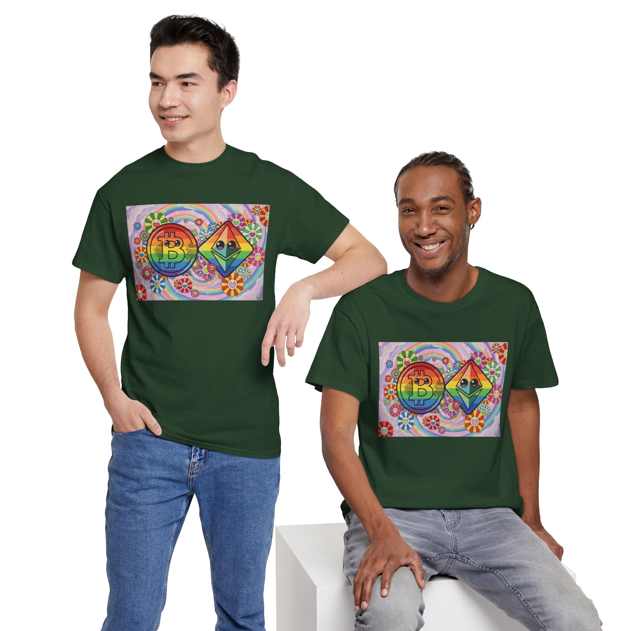 Crypto Rainbow T-Shirt — Bitcoin & Ethereum Hippie Art Tee