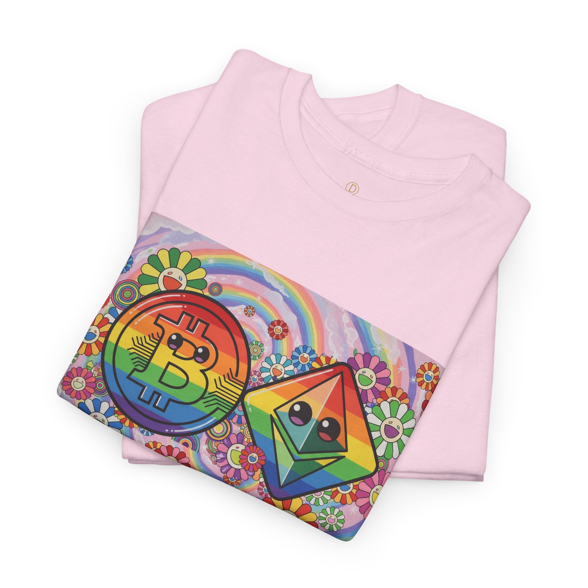 Crypto Rainbow T-Shirt — Bitcoin & Ethereum Hippie Art Tee