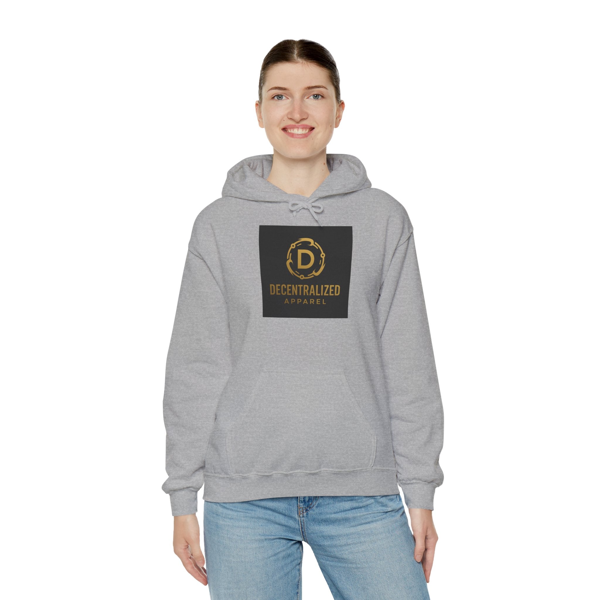 Decentralized Apparel Logo Hoodie – Gold Emblem Streetwear Sweatshirt