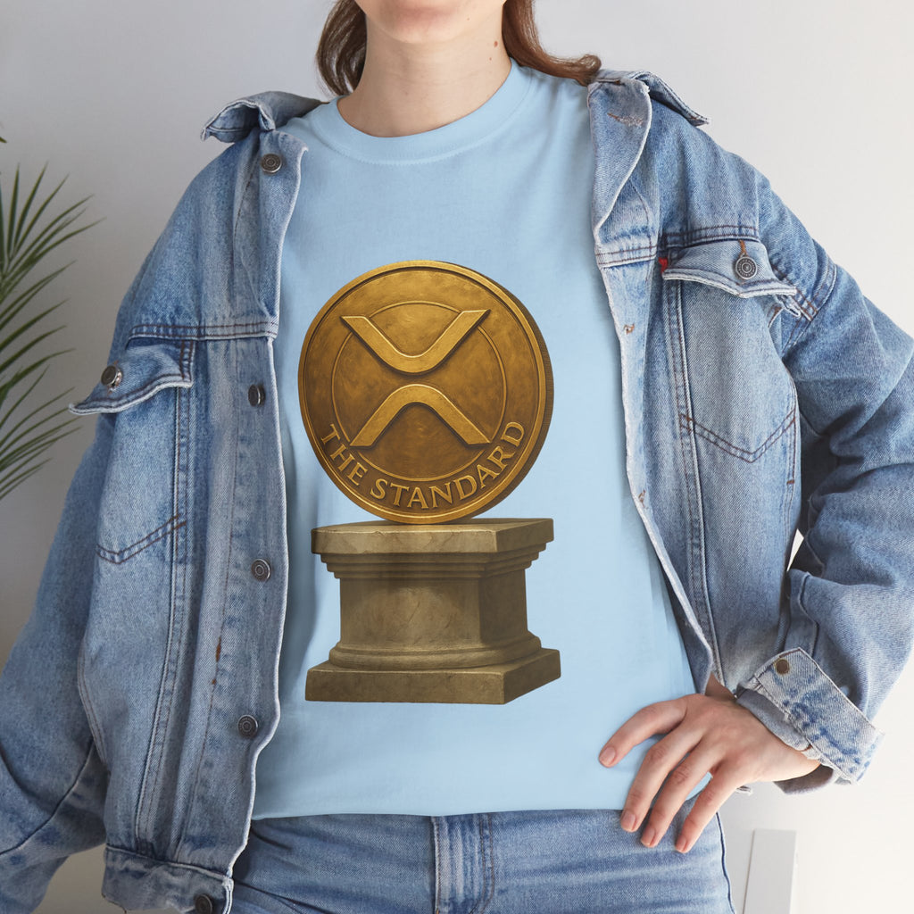 XRP Ledger Trophy T‑Shirt – Gold Ripple Coin on Pedestal Crypto Tee