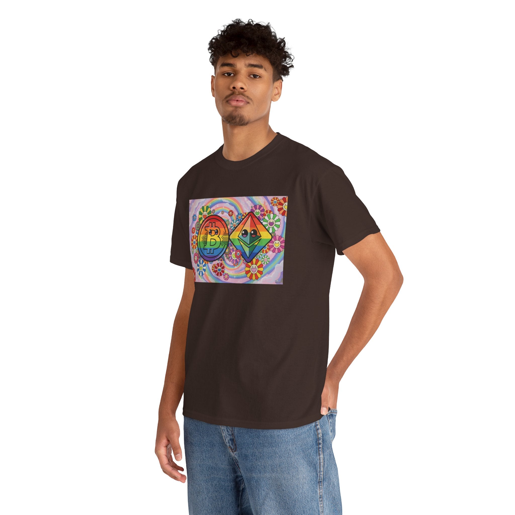 Crypto Rainbow T-Shirt — Bitcoin & Ethereum Hippie Art Tee