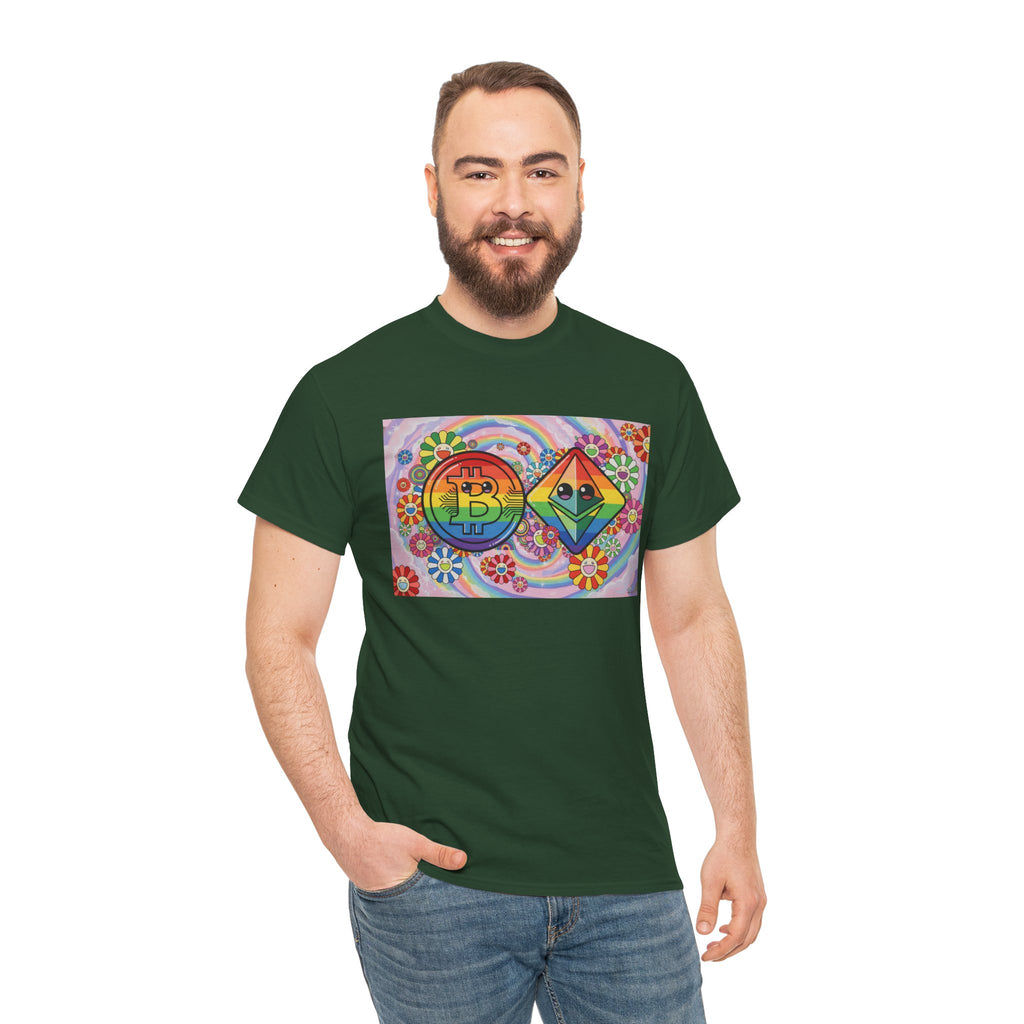 Crypto Rainbow T-Shirt — Bitcoin & Ethereum Hippie Art Tee