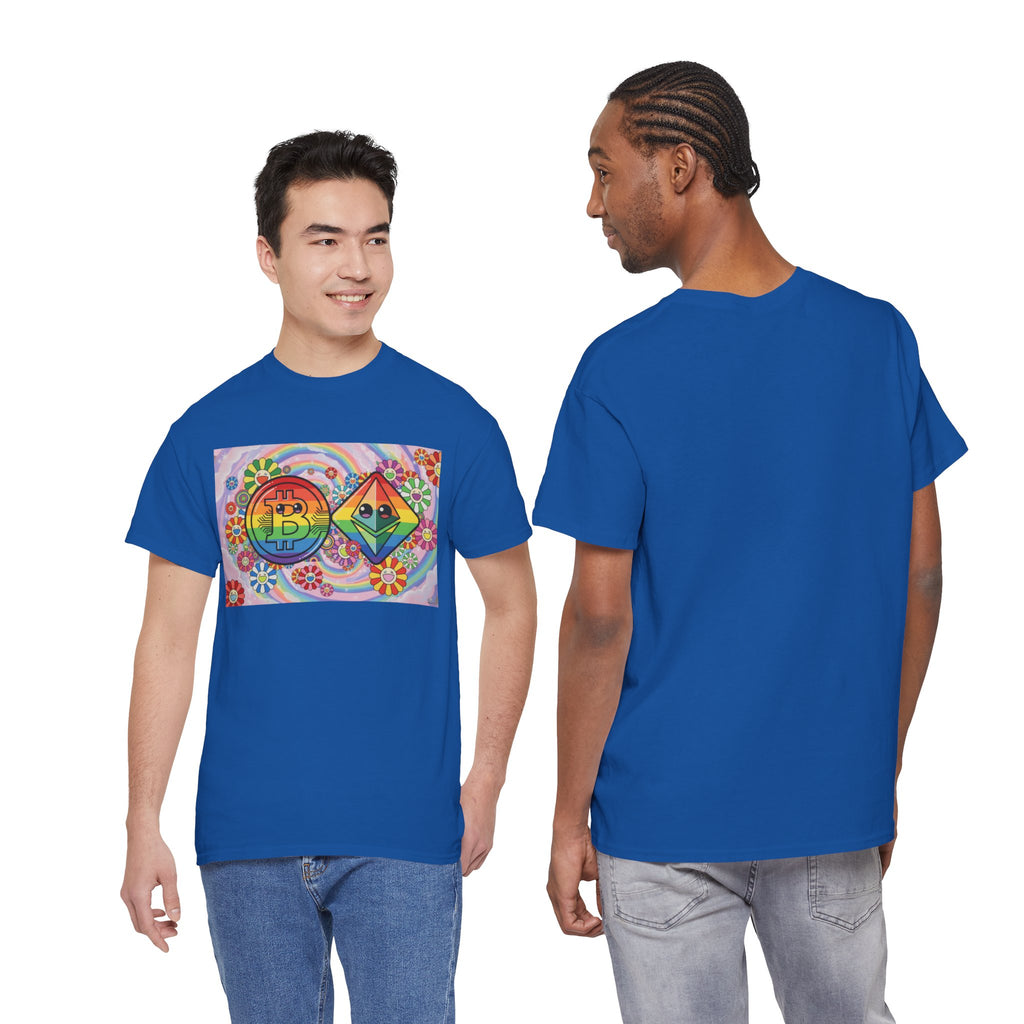 Crypto Rainbow T-Shirt — Bitcoin & Ethereum Hippie Art Tee
