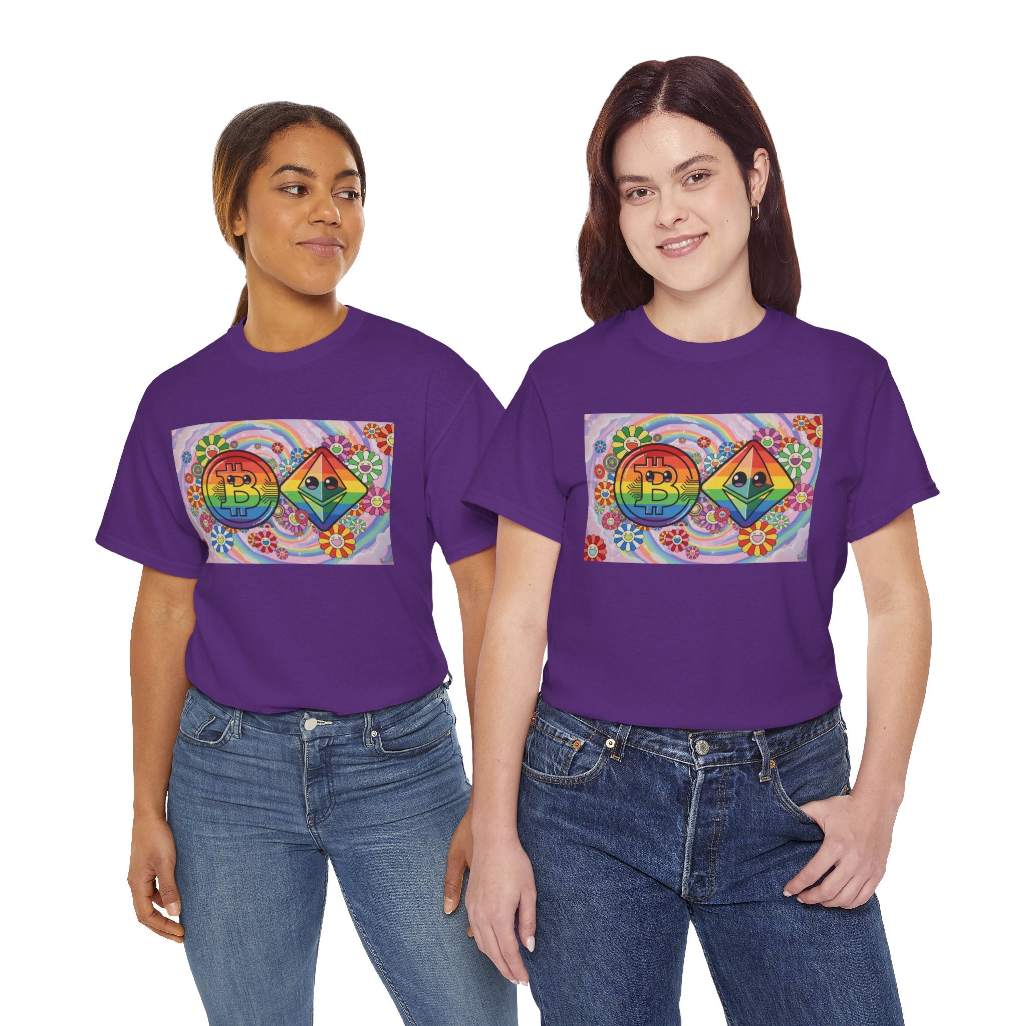 Crypto Rainbow T-Shirt — Bitcoin & Ethereum Hippie Art Tee