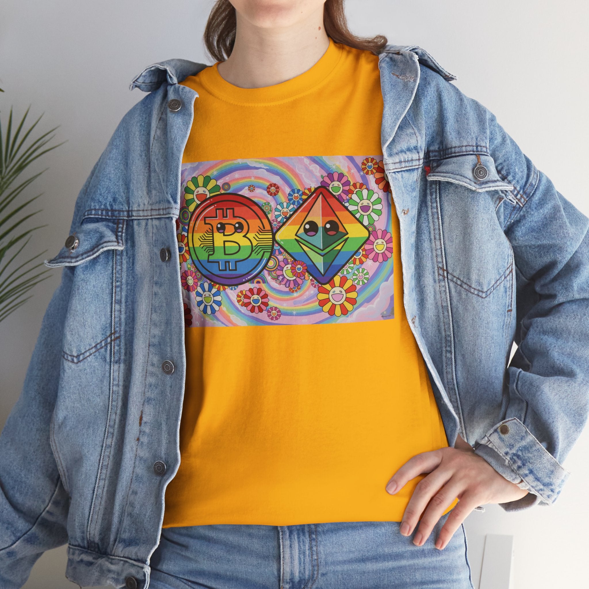 Crypto Rainbow T-Shirt — Bitcoin & Ethereum Hippie Art Tee