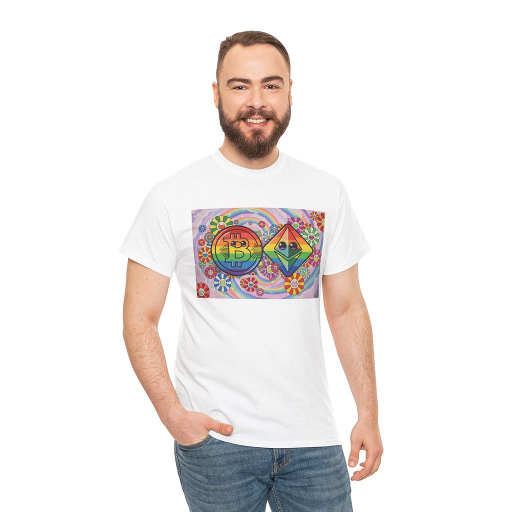 Crypto Rainbow T-Shirt — Bitcoin & Ethereum Hippie Art Tee