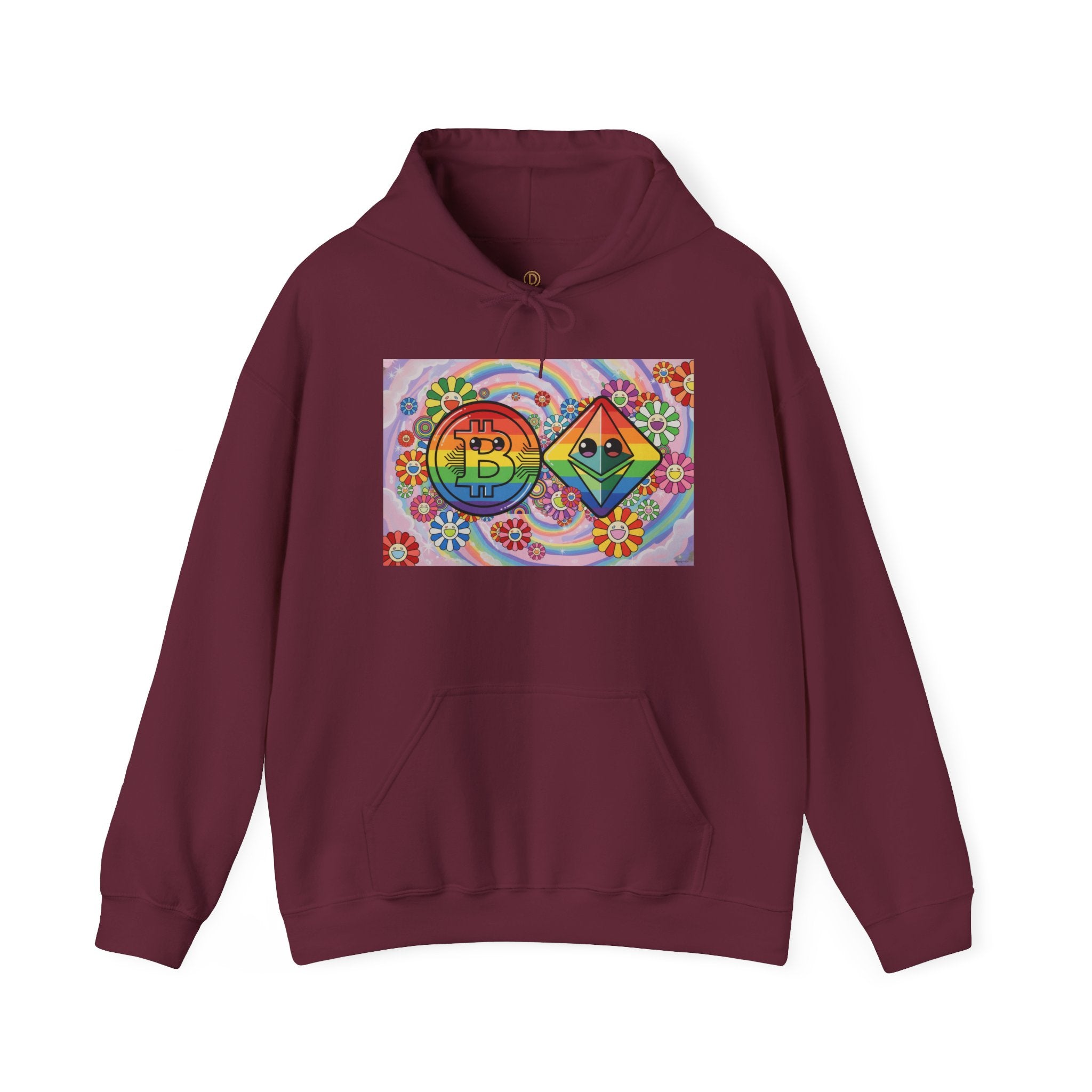 Crypto Flower Power Hoodie — Bitcoin & Ethereum Psychedelic Design