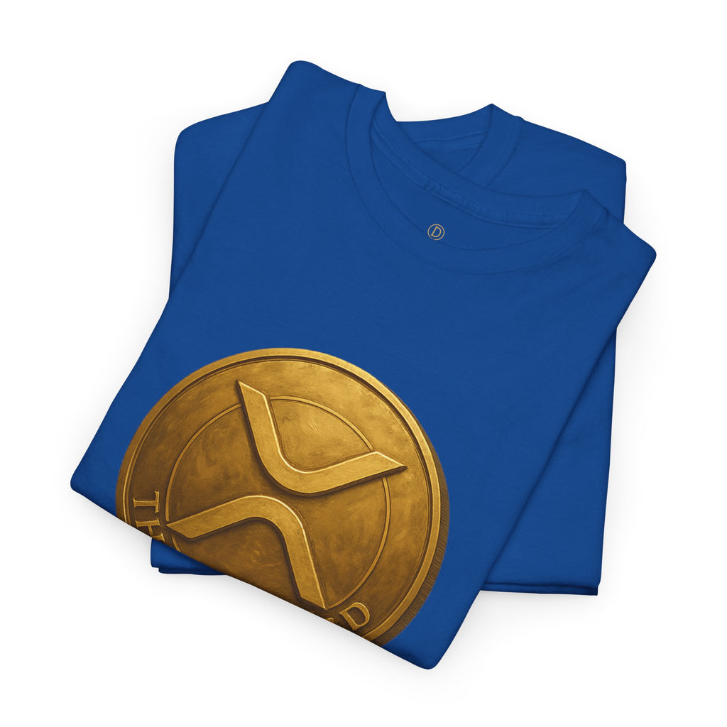 XRP Ledger Trophy T‑Shirt – Gold Ripple Coin on Pedestal Crypto Tee