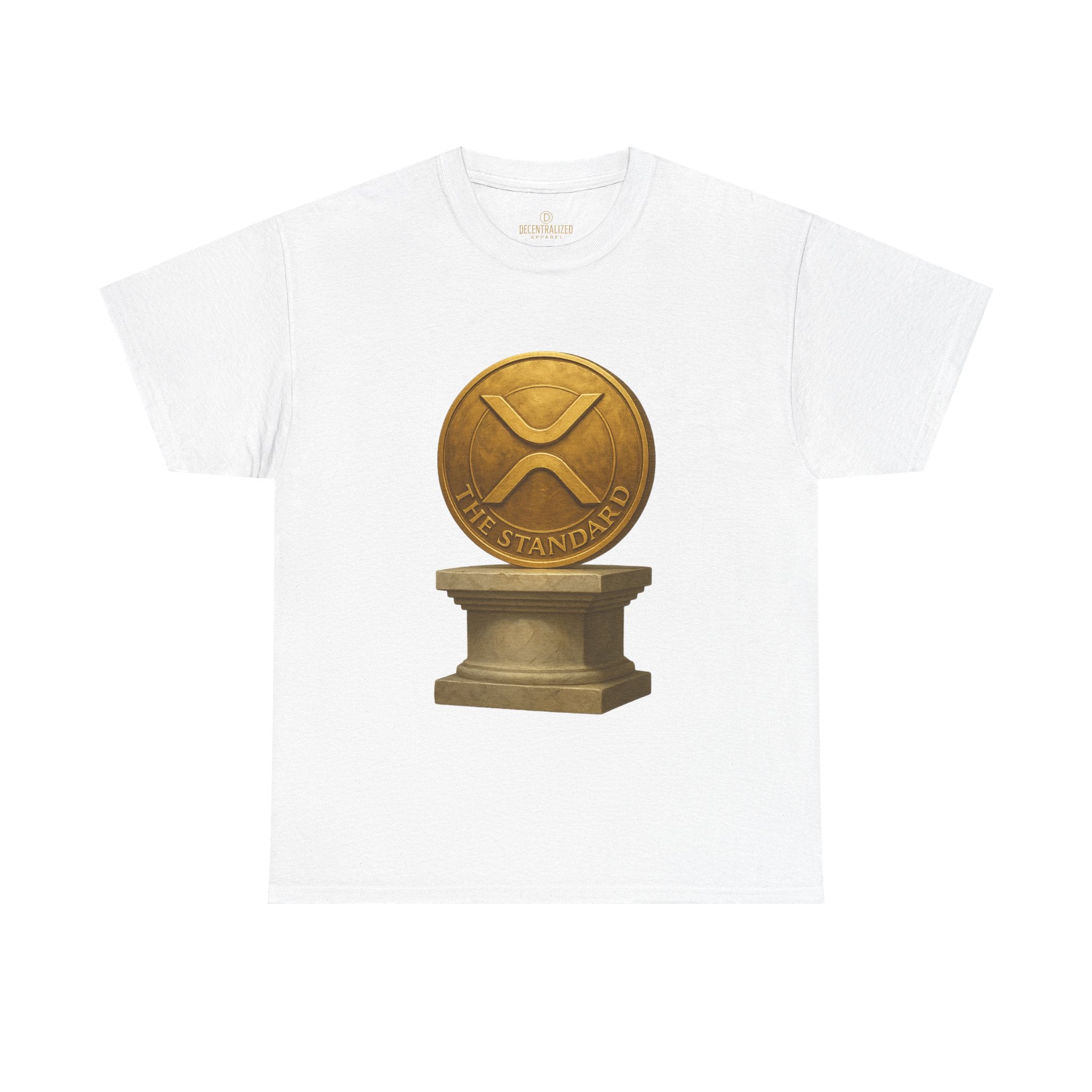 XRP Ledger Trophy T‑Shirt – Gold Ripple Coin on Pedestal Crypto Tee