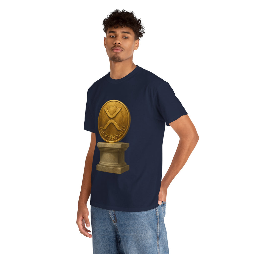 XRP Ledger Trophy T‑Shirt – Gold Ripple Coin on Pedestal Crypto Tee