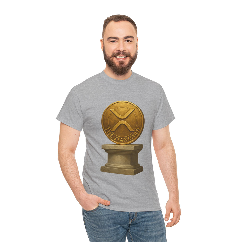 XRP Ledger Trophy T‑Shirt – Gold Ripple Coin on Pedestal Crypto Tee
