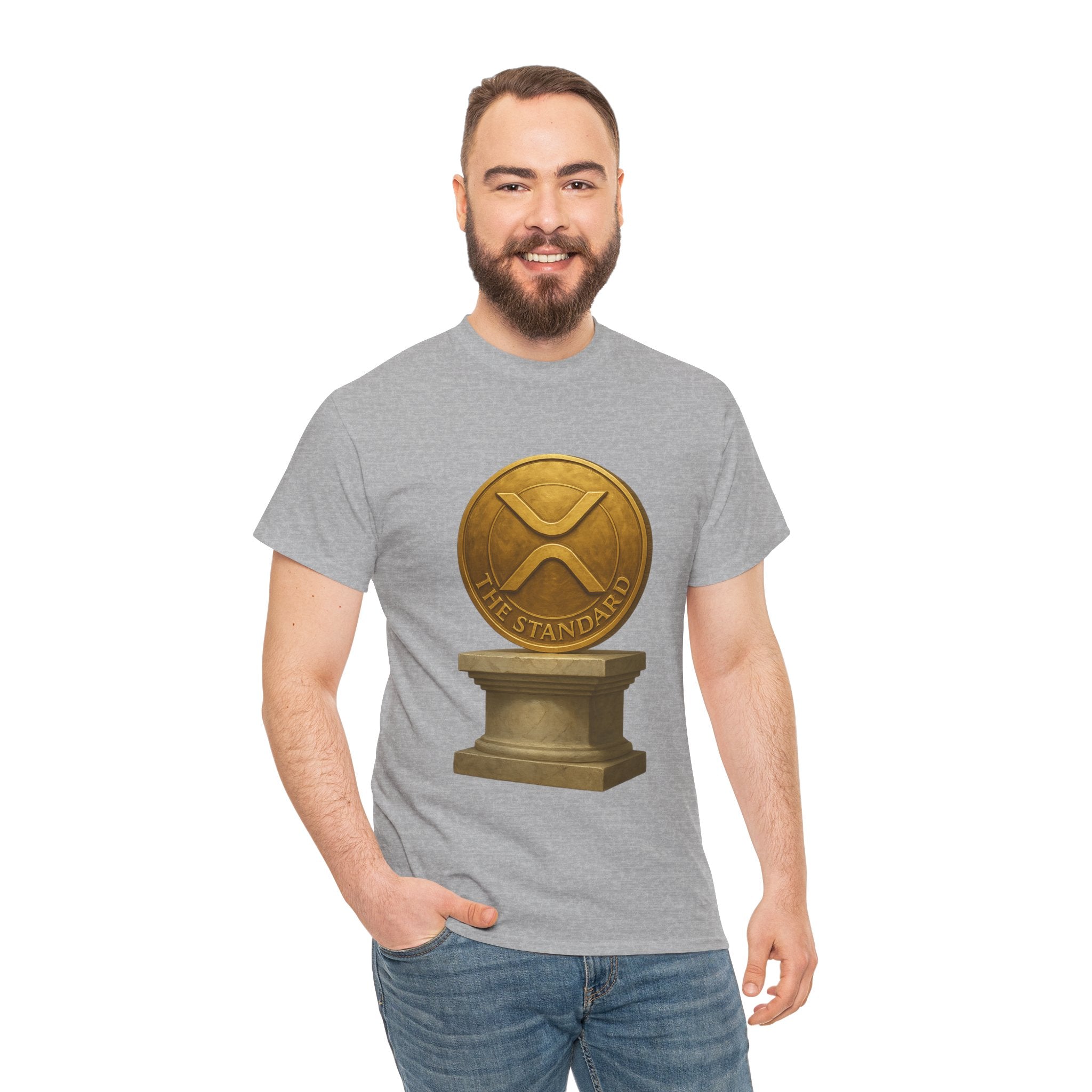 XRP Ledger Trophy T‑Shirt – Gold Ripple Coin on Pedestal Crypto Tee