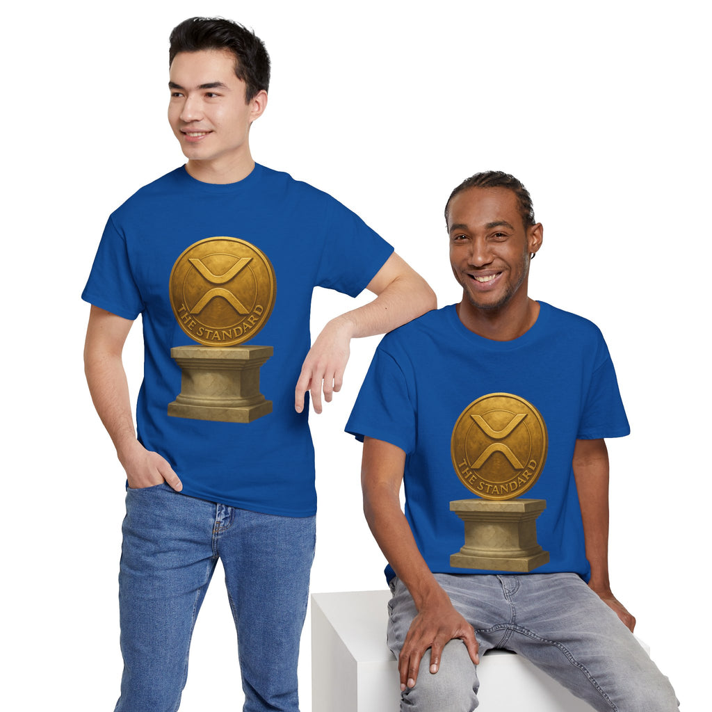 XRP Ledger Trophy T‑Shirt – Gold Ripple Coin on Pedestal Crypto Tee