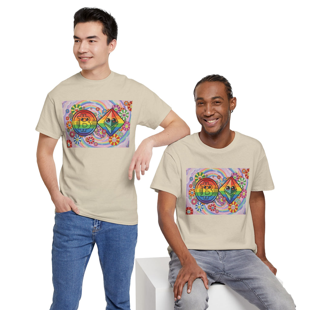 Crypto Rainbow T-Shirt — Bitcoin & Ethereum Hippie Art Tee
