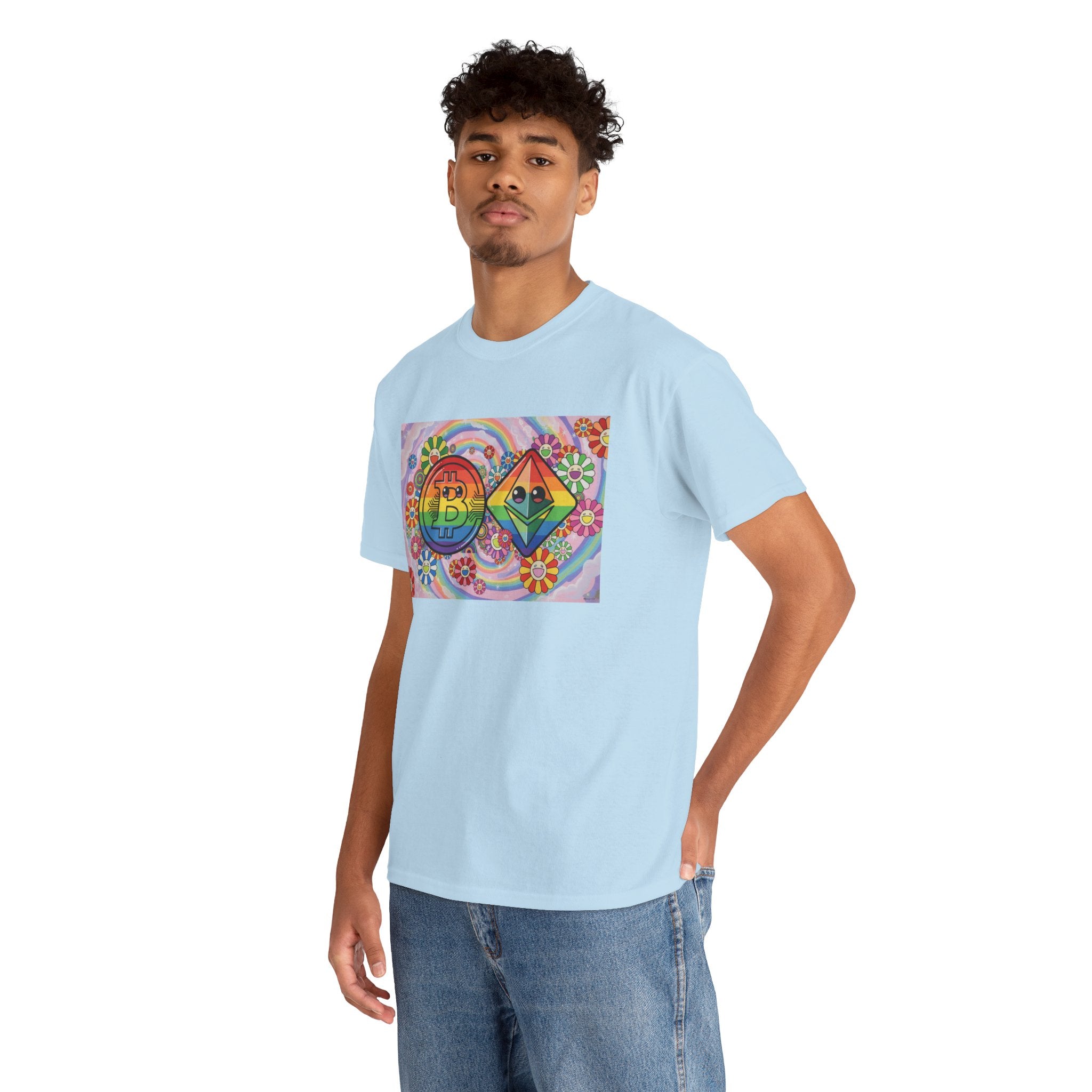 Crypto Rainbow T-Shirt — Bitcoin & Ethereum Hippie Art Tee