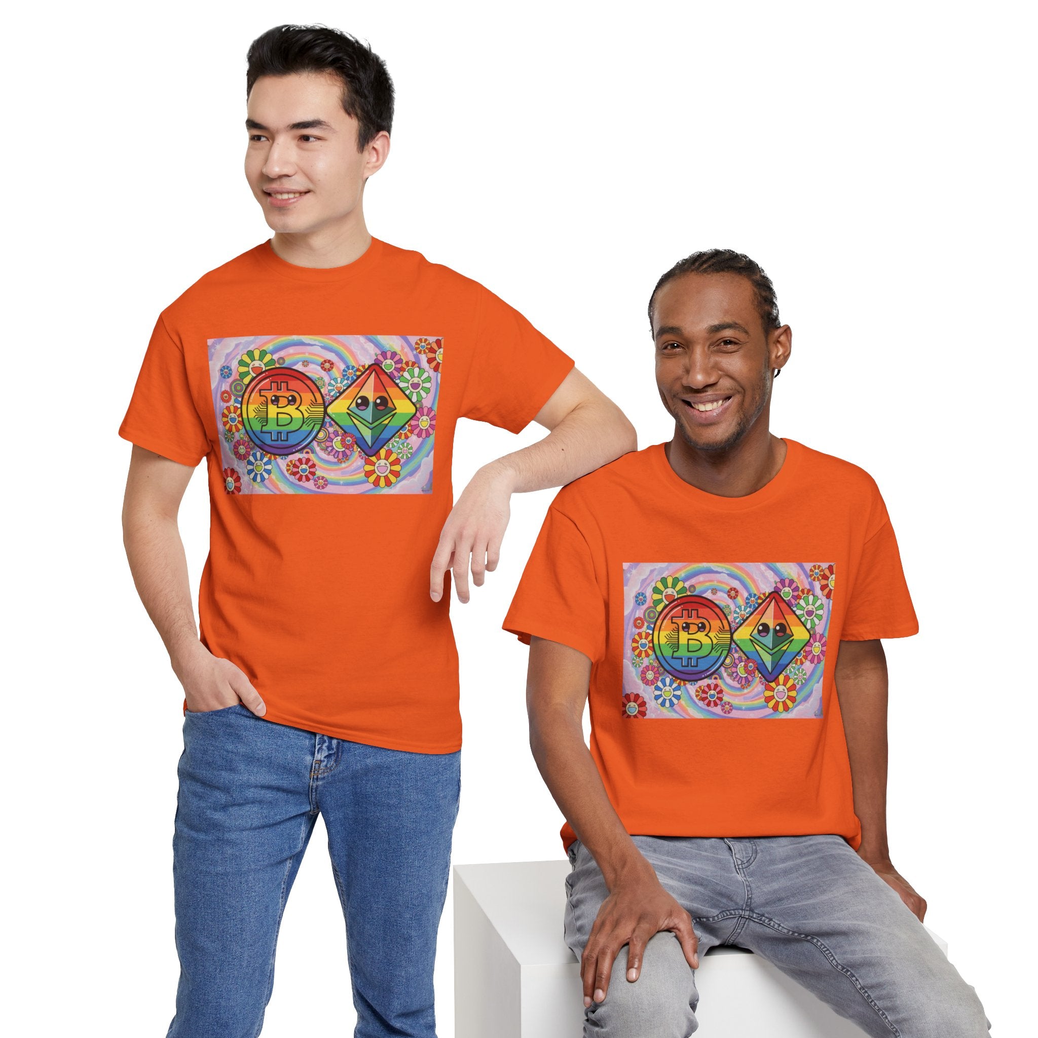 Crypto Rainbow T-Shirt — Bitcoin & Ethereum Hippie Art Tee