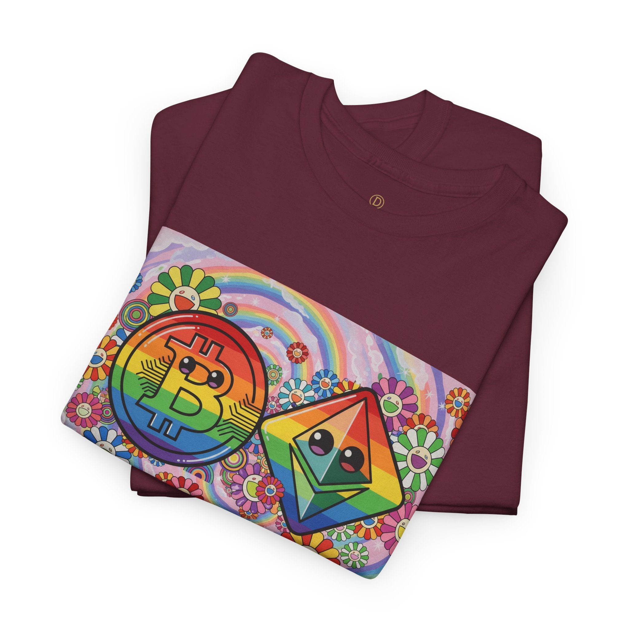 Crypto Rainbow T-Shirt — Bitcoin & Ethereum Hippie Art Tee