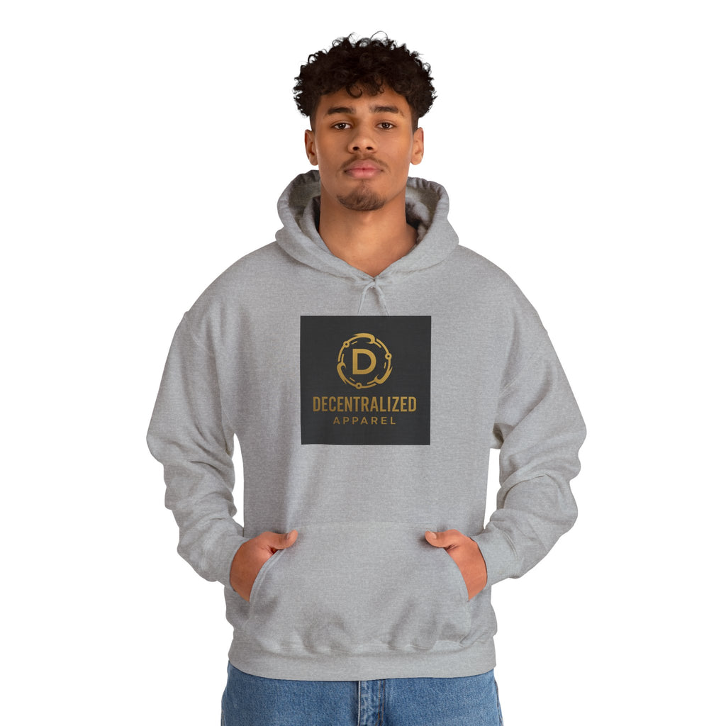 Decentralized Apparel Logo Hoodie – Gold Emblem Streetwear Sweatshirt