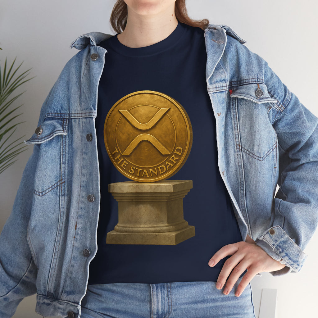 XRP Ledger Trophy T‑Shirt – Gold Ripple Coin on Pedestal Crypto Tee