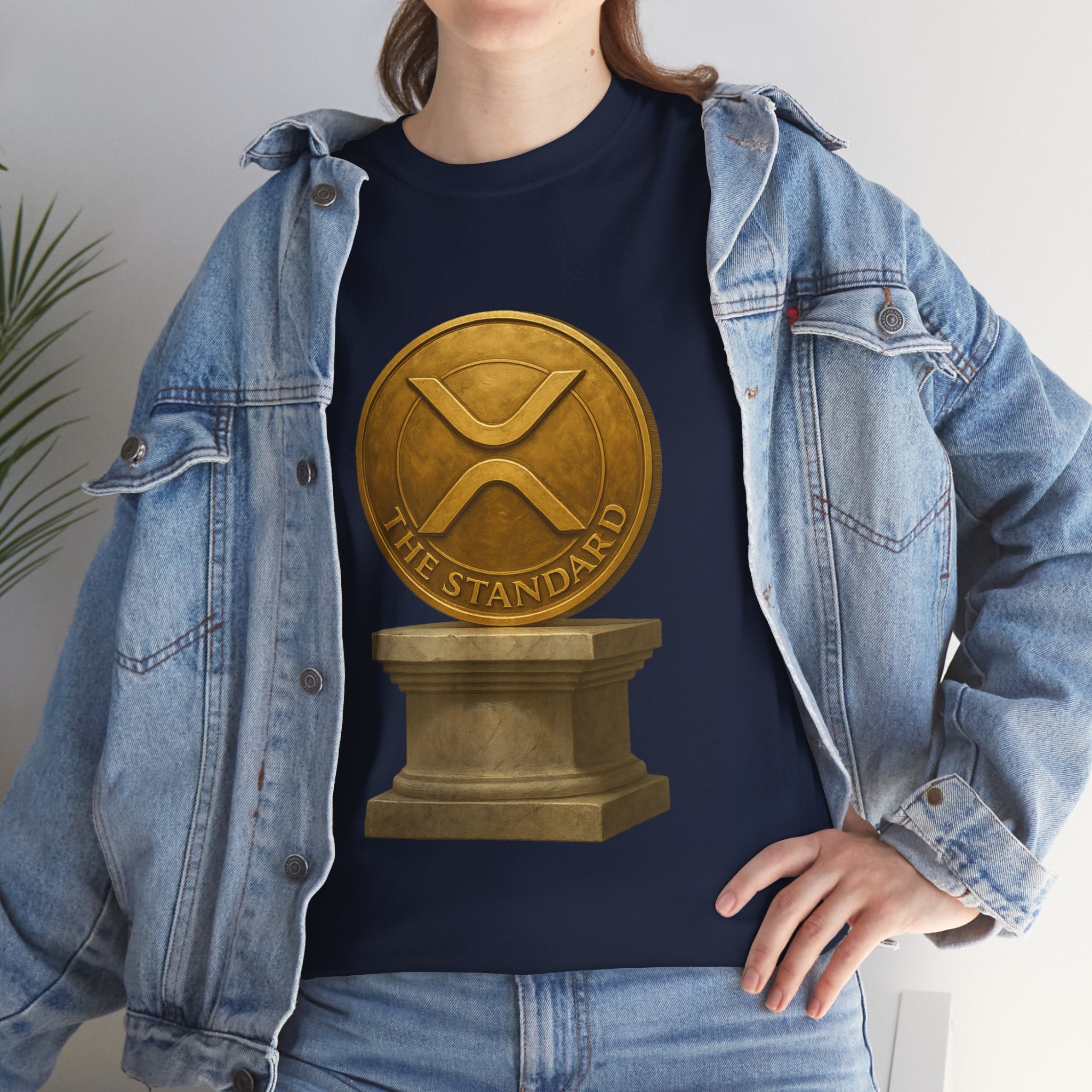 XRP Ledger Trophy T‑Shirt – Gold Ripple Coin on Pedestal Crypto Tee