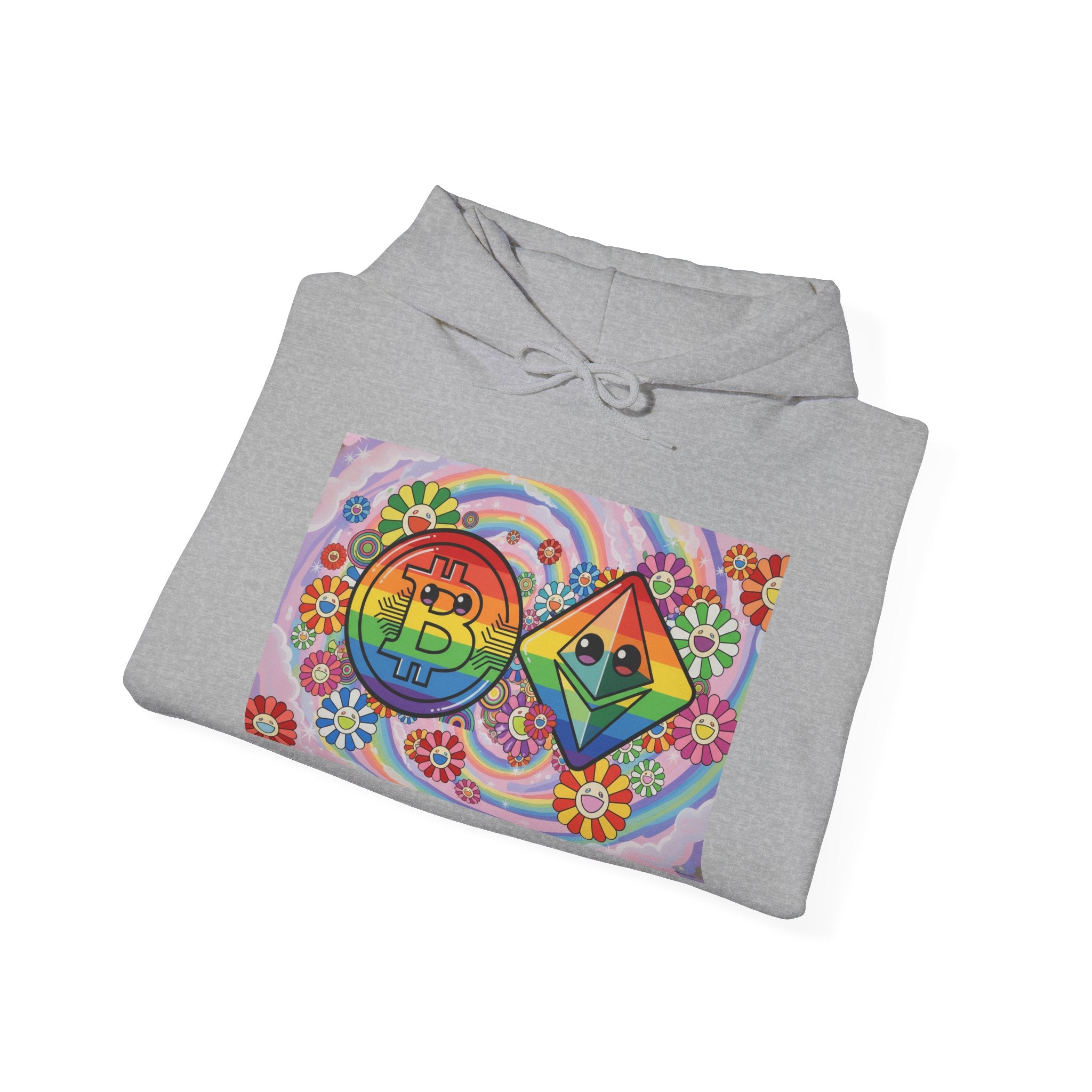 Crypto Flower Power Hoodie — Bitcoin & Ethereum Psychedelic Design