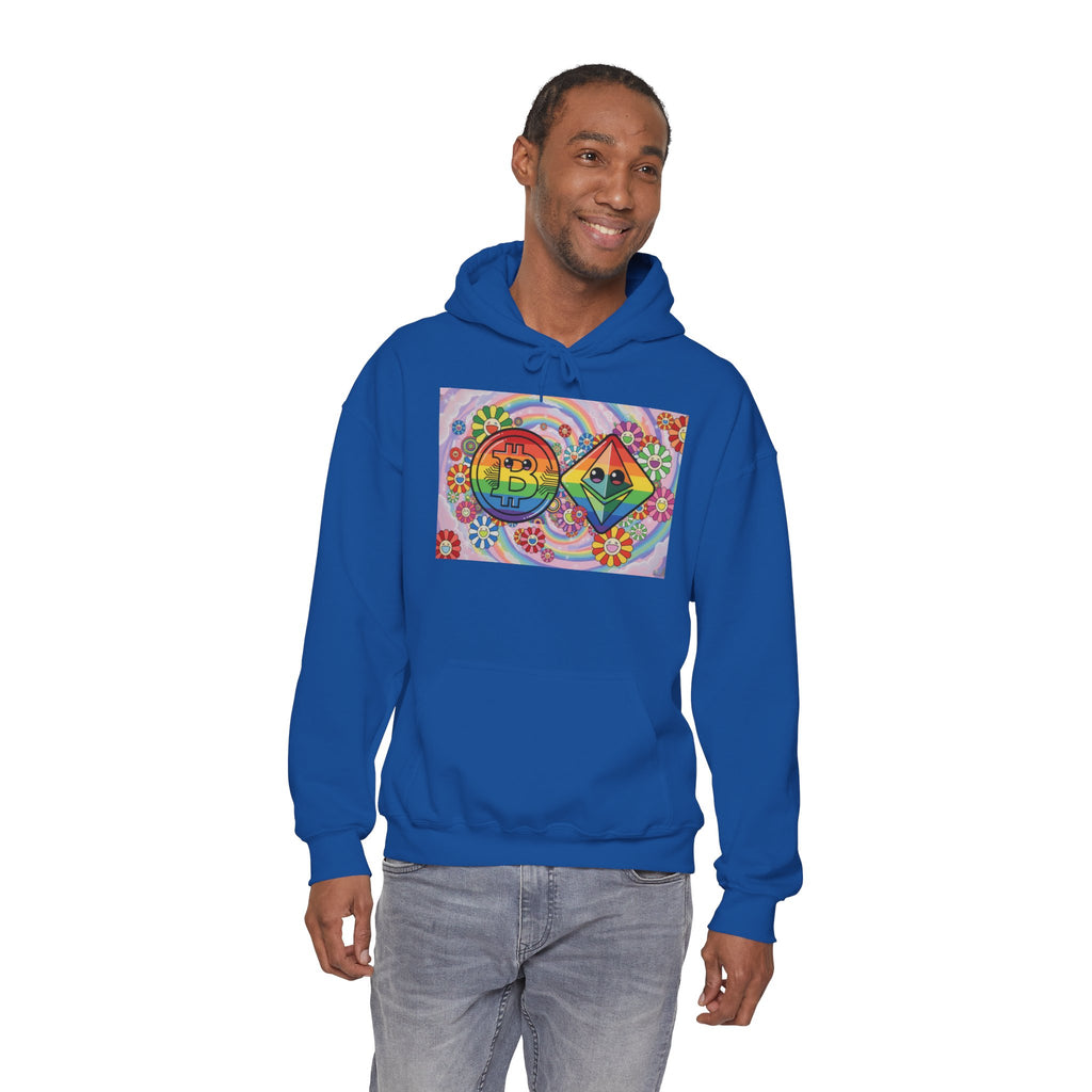 Crypto Flower Power Hoodie — Bitcoin & Ethereum Psychedelic Design