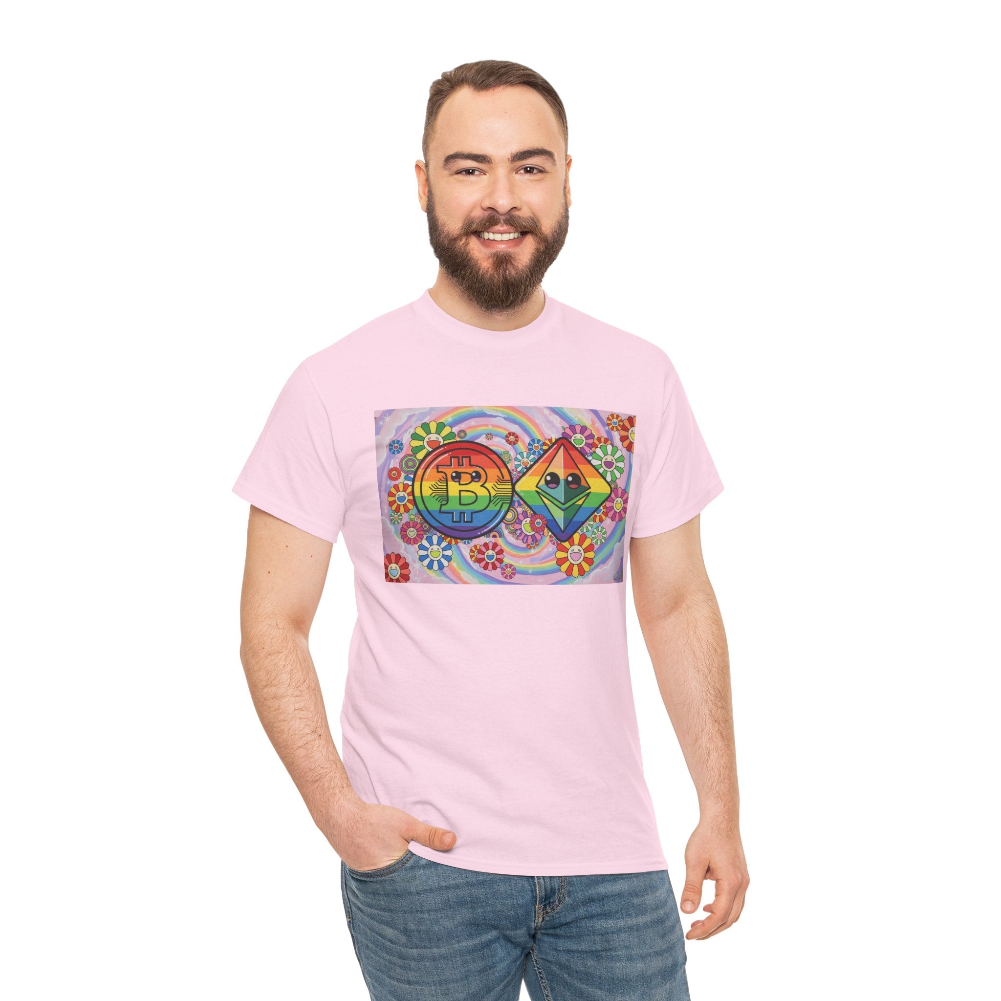 Crypto Rainbow T-Shirt — Bitcoin & Ethereum Hippie Art Tee