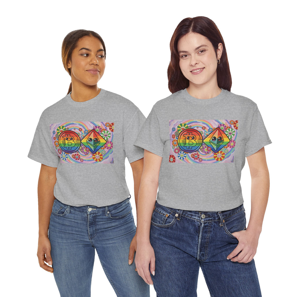 Crypto Rainbow T-Shirt — Bitcoin & Ethereum Hippie Art Tee