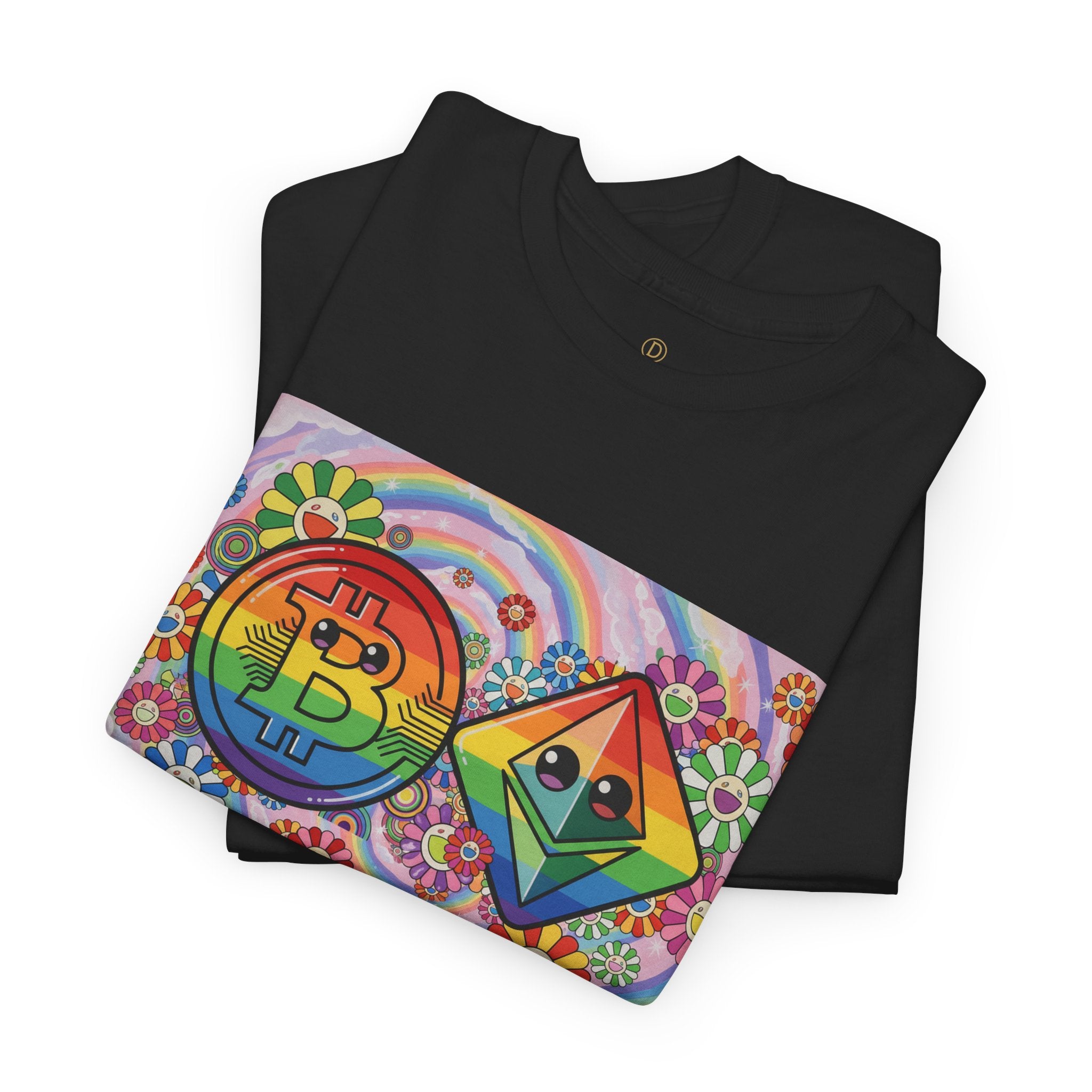 Crypto Rainbow T-Shirt — Bitcoin & Ethereum Hippie Art Tee