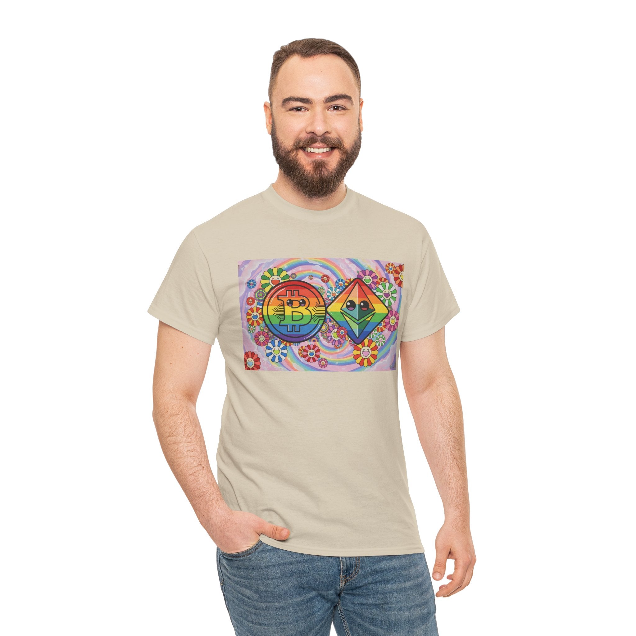 Crypto Rainbow T-Shirt — Bitcoin & Ethereum Hippie Art Tee
