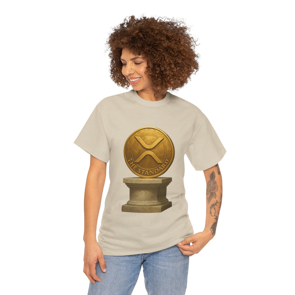 XRP Ledger Trophy T‑Shirt – Gold Ripple Coin on Pedestal Crypto Tee