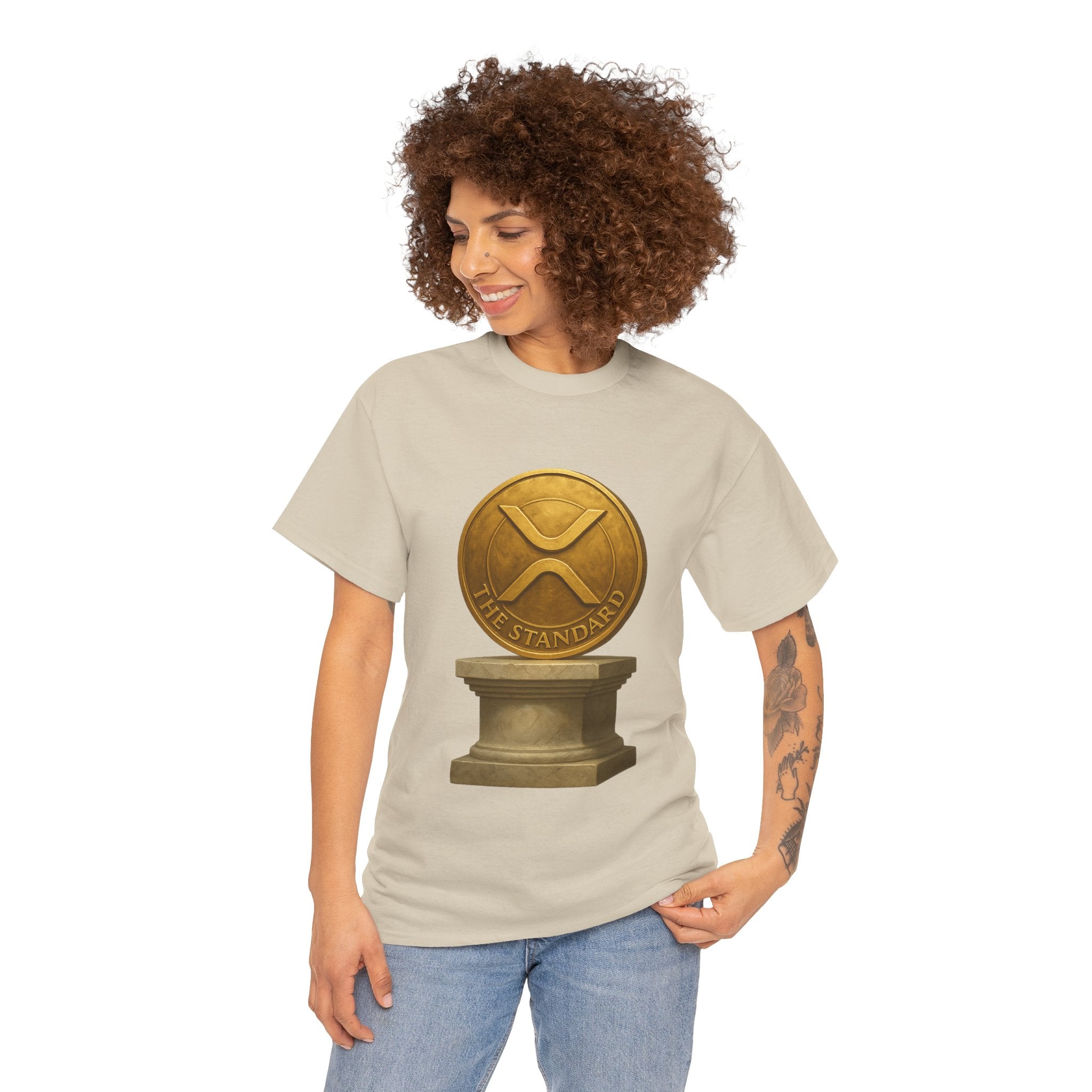 XRP Ledger Trophy T‑Shirt – Gold Ripple Coin on Pedestal Crypto Tee